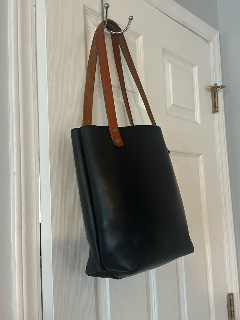 Portland Leather Black Top-Handle Shoulder Bag, Custom Brown Straps - Picture 3 of 8